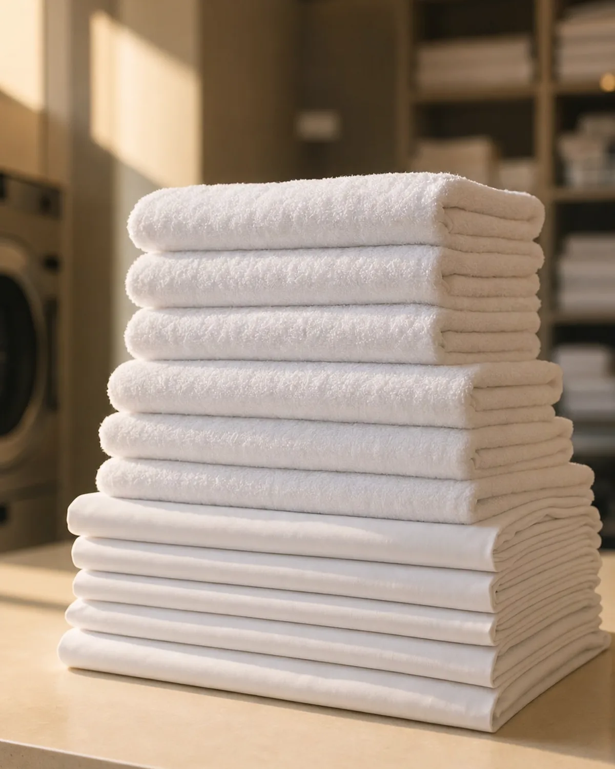Stack of freshly laundered white towels and pressed linens in a commercial laundry facility