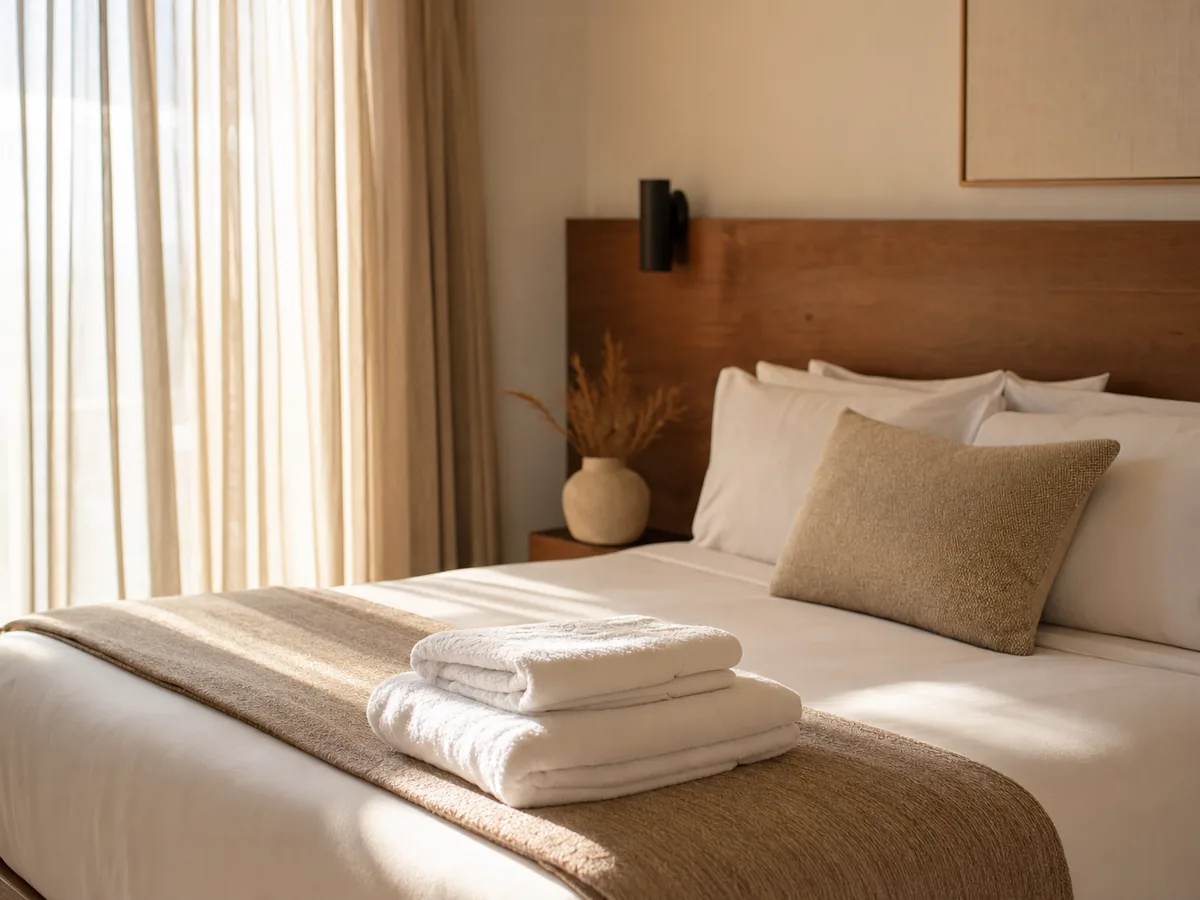 Boutique hotel bed made with crisp white sheets and folded towels